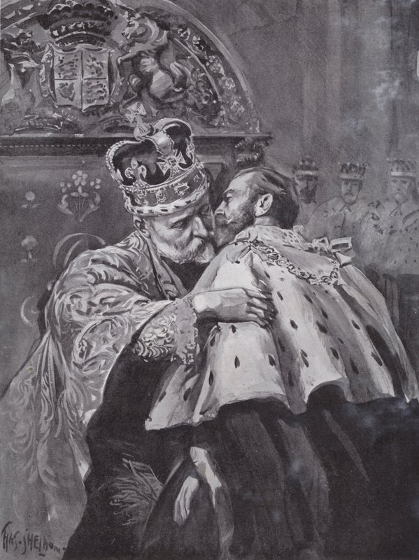 VII. Edward király átöleli fiát, a walesi herceget a király koronázásán, a londoni Westminster apátságban alkotó: Charles Mills (after) Sheldon
