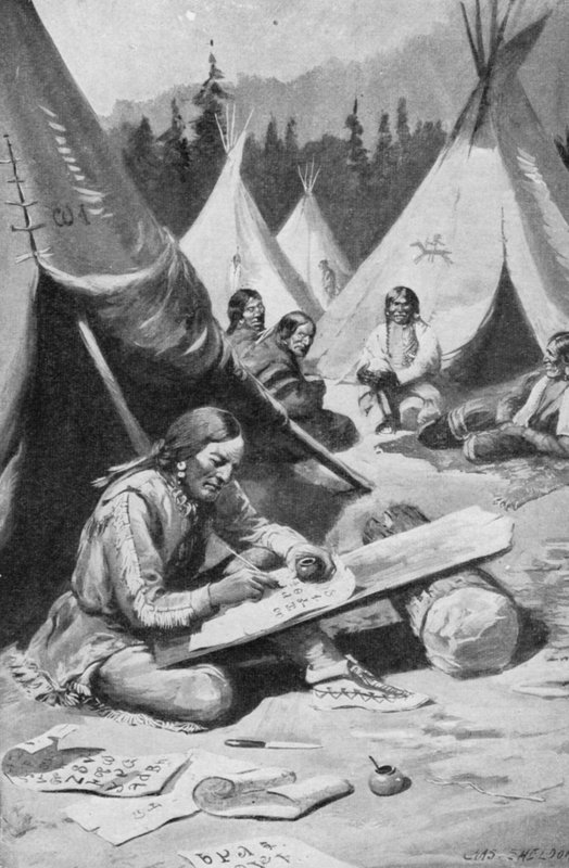 Sequoya kidolgozza az ábécéjét (litho) alkotó: Charles Mills (after) Sheldon
