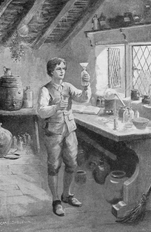 A fiatal Humphry Davy első kísérleteit végzi (litho) alkotó: Charles Mills (after) Sheldon