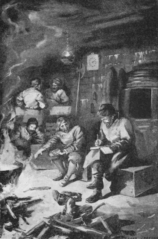 William Barents naplót ír, miközben a telet egy kunyhóban tölti a Nova Zembla-n (litho) alkotó: Charles Mills (after) Sheldon