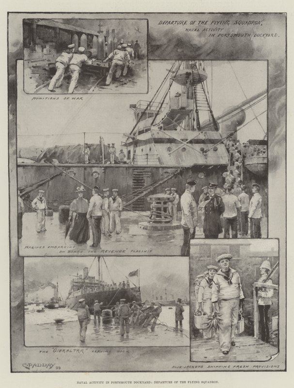 Haditengerészeti tevékenység a portsmouthi kikötőben, a repülőszázad távozása (litho) alkotó: Charles Murray (after) Padday
