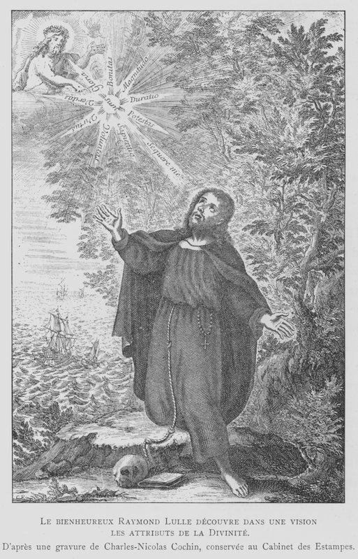 Ramon Llull spanyol filozófus felfedezi az isteniség tulajdonságait egy látomásban (litho) alkotó: Charles Nicolas II (after) Cochin