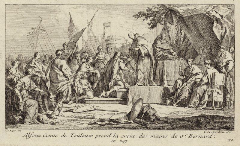 I. Alfons, Toulouse grófja átveszi a keresztet Clairvaux-i Bernard kezéből, megfogadva, hogy csatlakozik a második keresztes hadjárathoz alkotó: Charles Nicolas II Cochin
