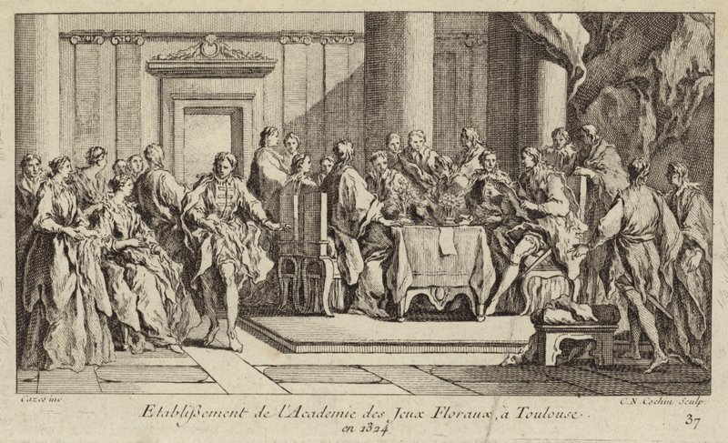 Az Academie des Jeux Floraux, a nyugati világ legrégebbi irodalmi társaságának megalapítása Toulouse-ban, Franciaországban alkotó: Charles Nicolas II Cochin