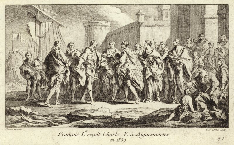 I. Ferenc francia király fogadja V. Károly császárt Aigues-Mortes-ban alkotó: Charles Nicolas II Cochin