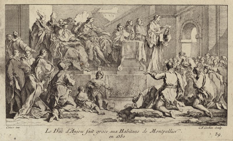 Lajos, Anjou hercege, VI. Károly francia király régense, hálát ad Montpellier népének alkotó: Charles Nicolas II Cochin