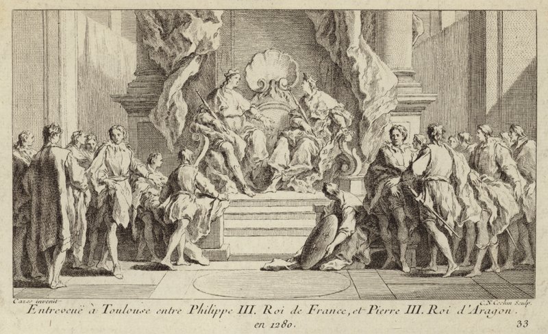 III. Fülöp francia király és III. Péter aragóniai király találkozója Toulouse-ban. alkotó: Charles Nicolas II Cochin