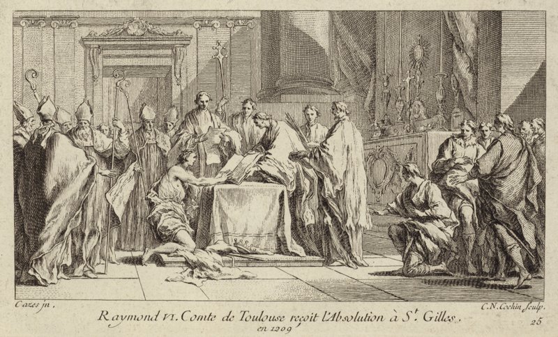 VI. Raymond, Toulouse grófja megalázta magát a St Gilles-templomban, hogy feloldják kiközösítését alkotó: Charles Nicolas II Cochin