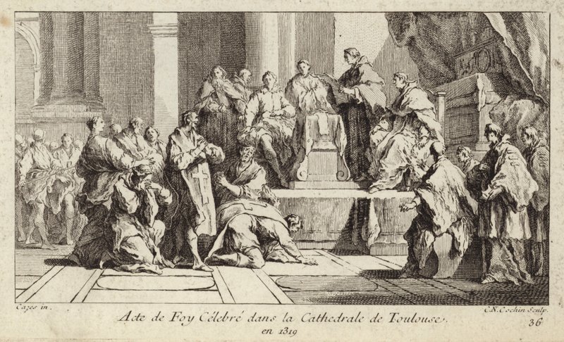 Bűnbánó katarok kinyilvánítják hitüket a katolikus vallásban a franciaországi Toulouse katedrálisban alkotó: Charles Nicolas II Cochin