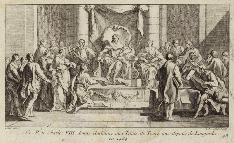VIII. Károly francia meghallgatást tart Languedoc képviselőinek a Tours-i Estates Generalen alkotó: Charles Nicolas II Cochin
