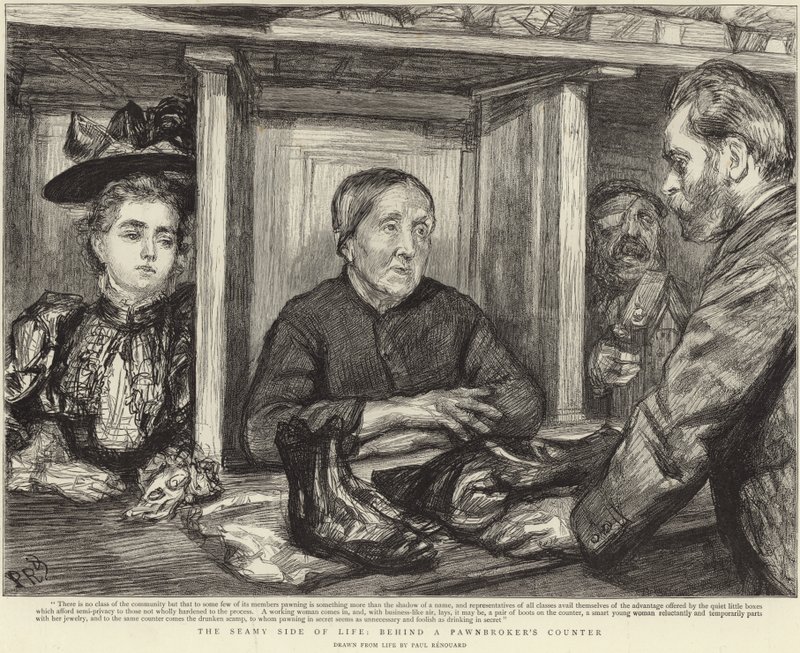Egy zálogos pult mögött (litho) alkotó: Charles Paul (after) Renouard
