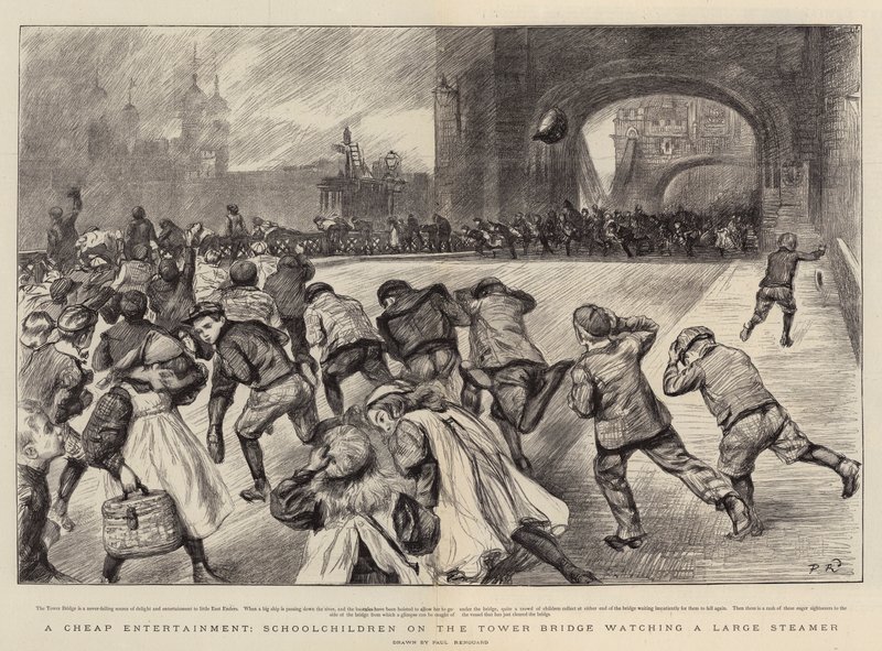 Olcsó szórakozás, iskolások a Tower Bridge-en, akik egy nagy gőzhajót néznek alkotó: Charles Paul Renouard