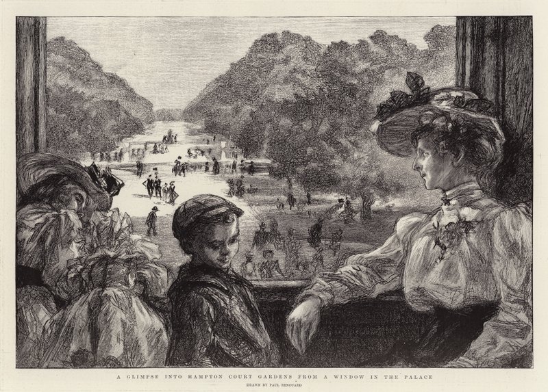Bepillantás a Hampton Court Gardensbe a palota ablakából alkotó: Charles Paul Renouard