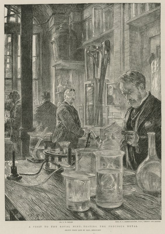 Látogatás a királyi pénzverdében; a nemesfém tesztelése (gravírozás) alkotó: Charles Paul Renouard