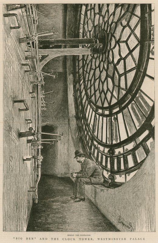 Az óratárcsa mögött a Big Ben és az Óratorony, a Westminster-palota alkotó: Charles Paul Renouard
