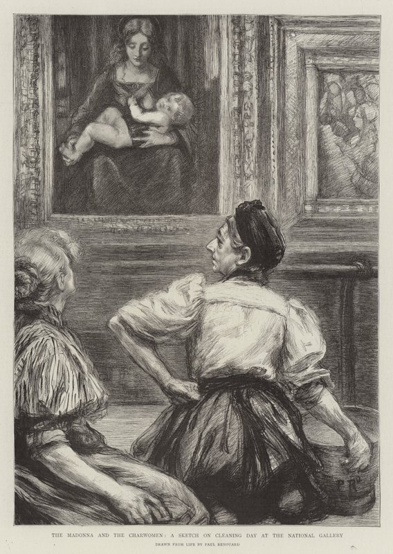 A Madonna és a Charwomen, vázlat a takarítás napjáról a Nemzeti Galériában alkotó: Charles Paul Renouard