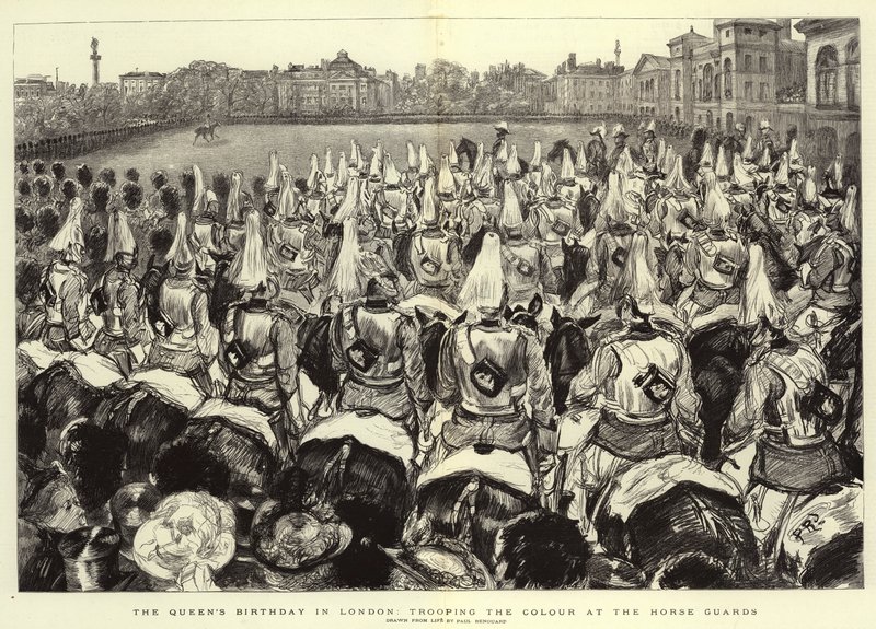 A királynő születésnapja Londonban, a Colour csapata a Horse Guardsnál alkotó: Charles Paul Renouard