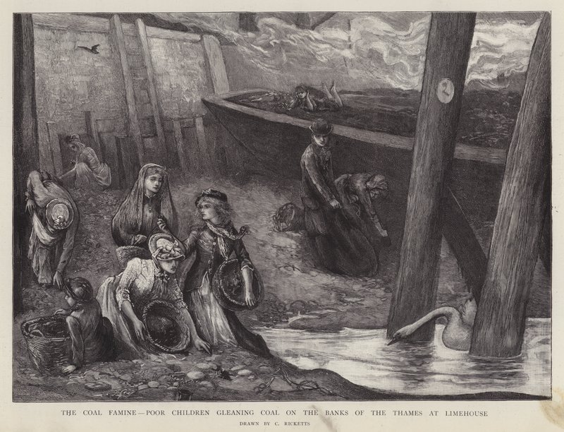 Szegény gyerekek szenet szedegetnek a Temze partjáról a londoni Limehouse-ban (litho) alkotó: Charles Ricketts