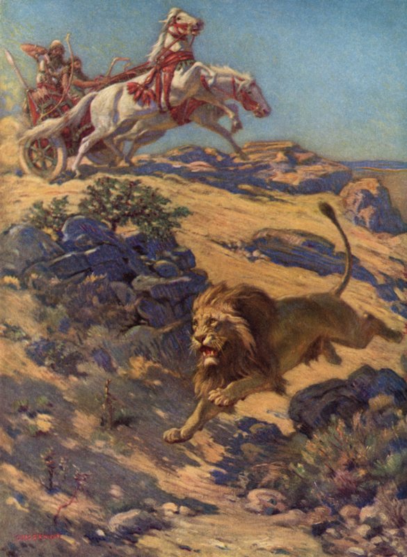 Oroszlánvadászat a régi Asszíriában (színes litográfia) alkotó: Charles Robert Knight