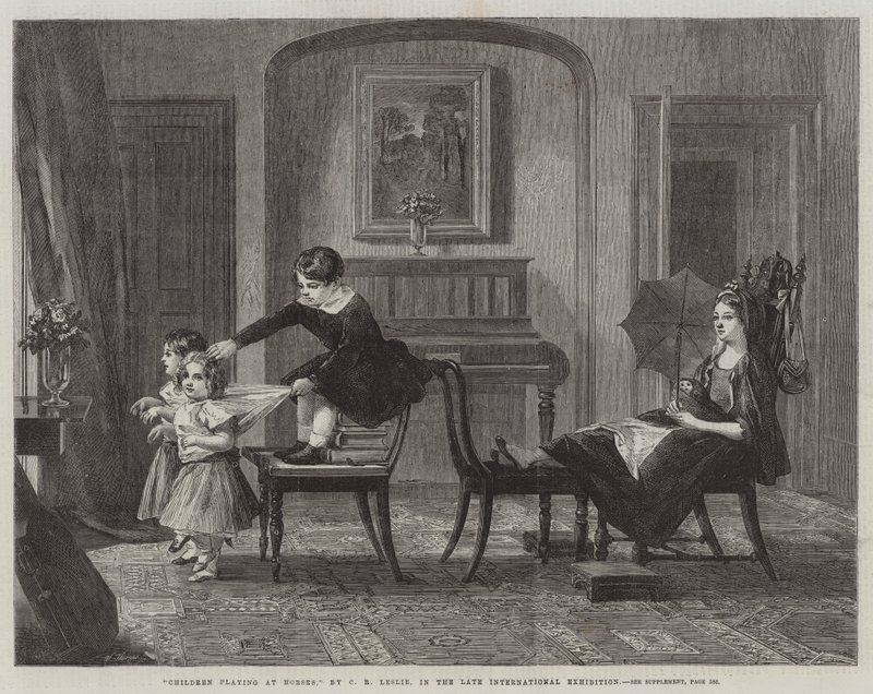 Gyerekek játszanak a lovakban, a késői nemzetközi kiállításon alkotó: Charles Robert Leslie
