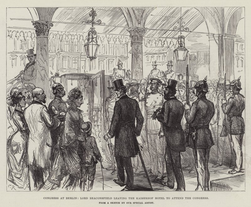 A berlini kongresszuson Lord Beaconsfield elhagyja a Kaiserhof Hotelt, hogy részt vegyen a kongresszuson alkotó: Sir John Charles Robinson