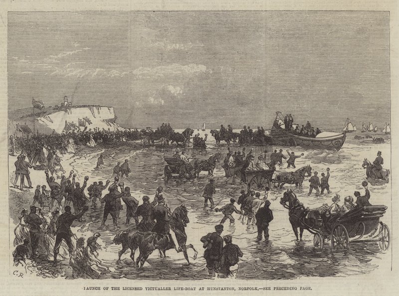 Az engedéllyel rendelkező Victualler mentőcsónak felbocsátása Hunstantonban, Norfolkban alkotó: Sir John Charles Robinson