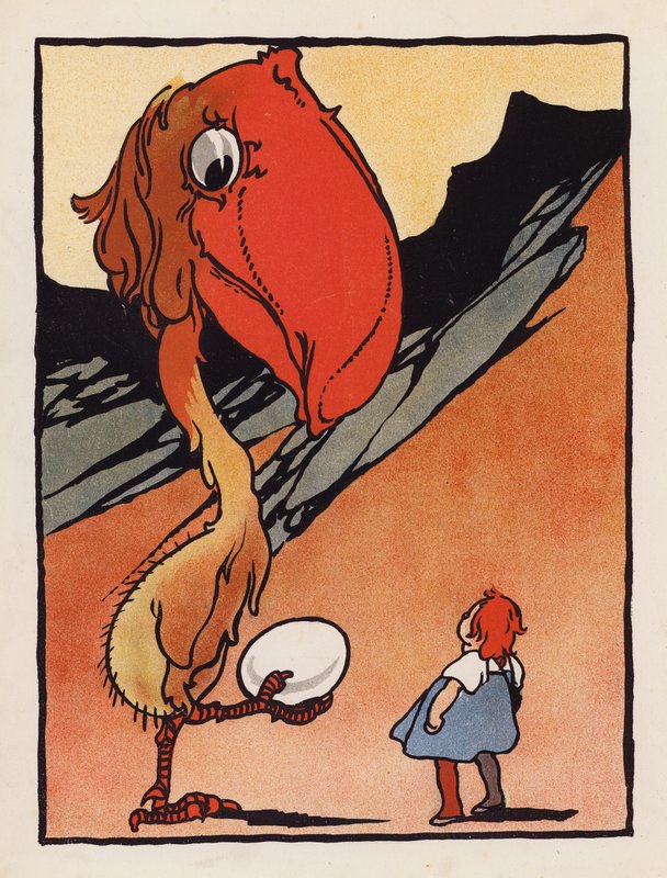Nonszensz: Fiú egy furcsa madárral, aki tojást tart (színes litográfia) alkotó: Charles Robinson