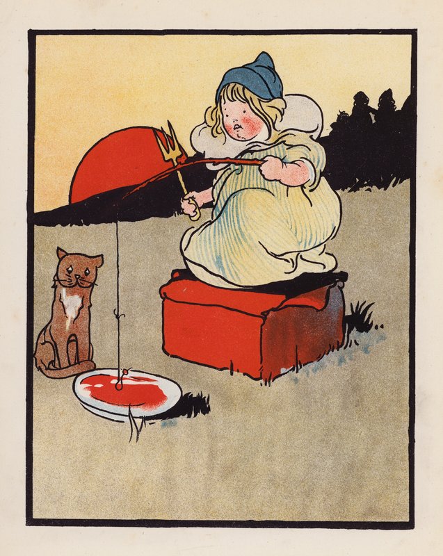 Nonszensz: Csecsemő halászik egy tálban (színes litográfia) alkotó: Charles Robinson