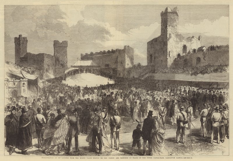 Az észak-walesi emberek beszéde a walesi herceghez és hercegnőhöz a Carnarvon-kastély felső kastélyudvarában alkotó: Sir John Charles Robinson