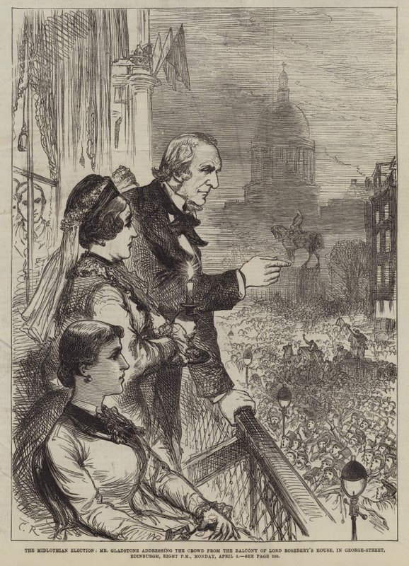 A Midlothian Election, Mr Gladstone beszédet mond a tömeghez a Lord Rosebery House erkélyéről, az Edinburgh-i George-Streetben, április 5-én, hétfőn este nyolc órakor alkotó: Sir John Charles Robinson