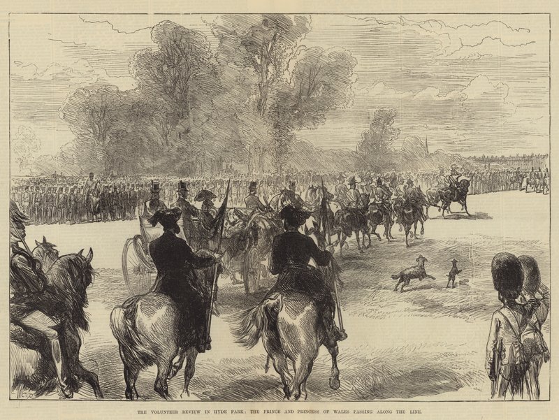 Önkéntes szemle a Hyde Parkban, a walesi herceg és hercegnő a vonalon haladva alkotó: Sir John Charles Robinson