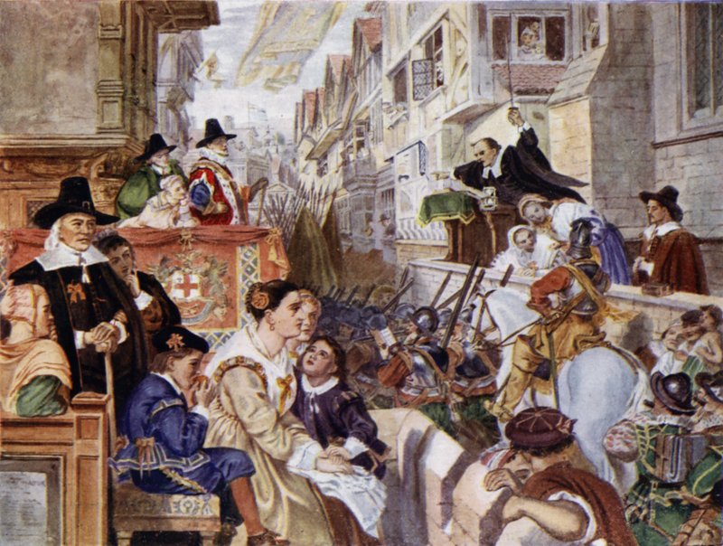 London katonái a parlamenti oldalon fognak harcolni I. Károly király ellen az angol polgárháborúban (színes litho) alkotó: Charles West (after) Cope