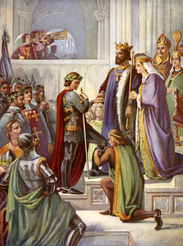 A Fekete Herceg beavatása harisnyakötő lovagként (színes litó) alkotó: Charles West (after) Cope