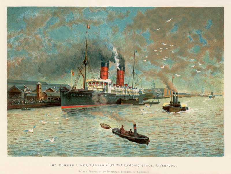 A Cunard „Campania” vonalhajó a leszállóhelyen, Liverpoolban alkotó: Charles Wilkinson