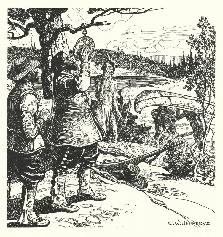 Champlain megfigyelést végez az asztrolábiummal az Ottawán. alkotó: Charles William (after) Jefferys