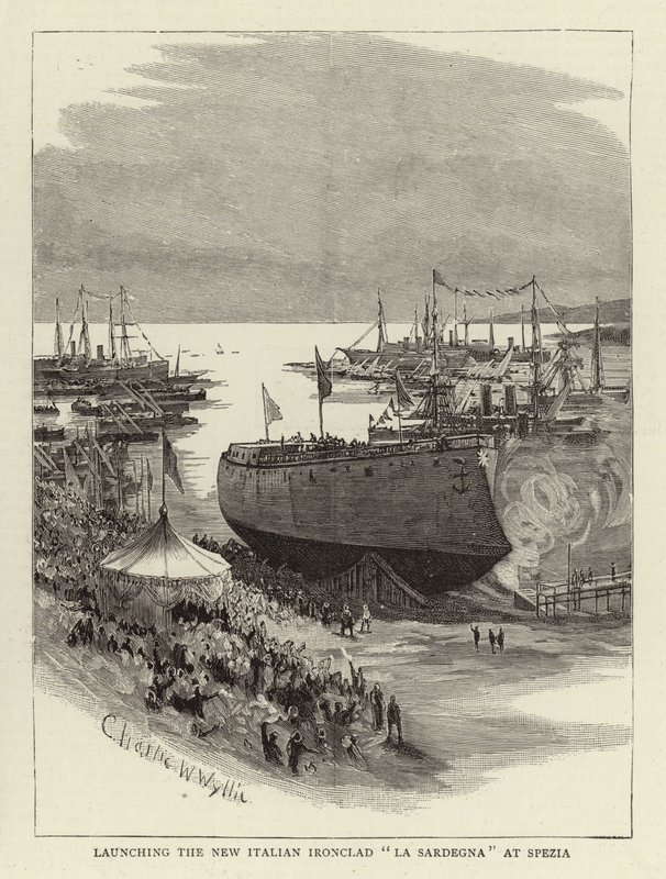 Az új olasz Ironclad La Sardegna elindítása Speziában alkotó: Charles William Wyllie