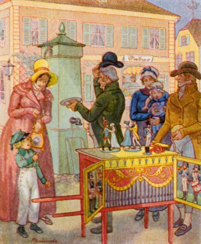 Leierkasten Mit Tanzpuppen / Hordóorgona táncoló bábokkal (színes litográfia) alkotó: Christophe (1856 1945)