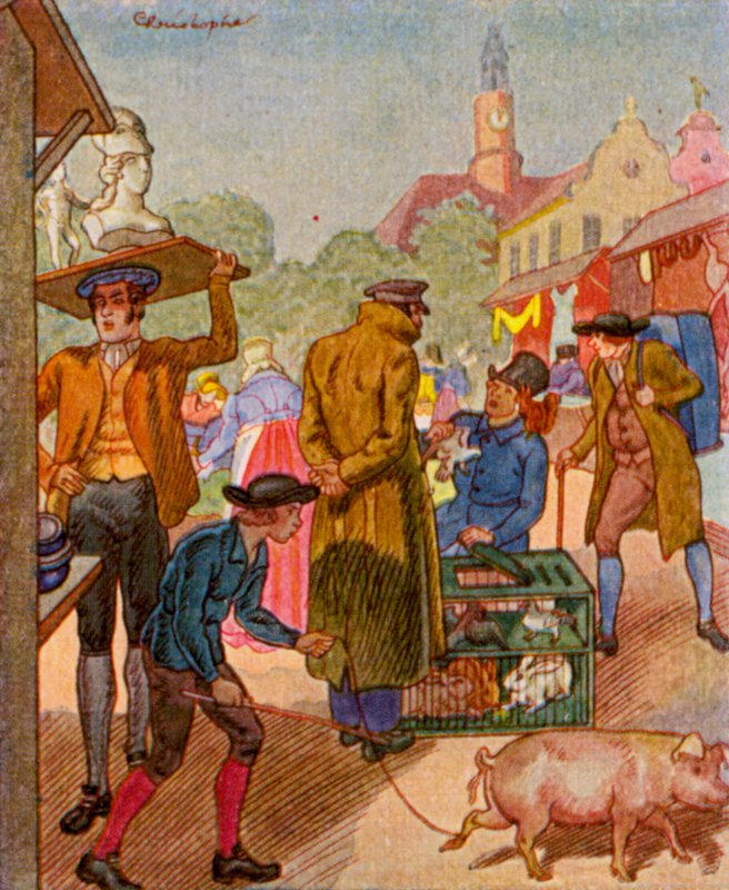 Wochenmarkt / Heti piac (színes litográfia) alkotó: Christophe (1856 1945)