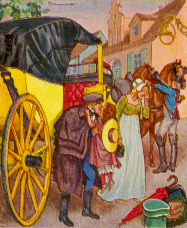 Abreise In Der Kalesche / Indulás a kocsiban (színes litográfia) alkotó: Christophe (1856 1945)