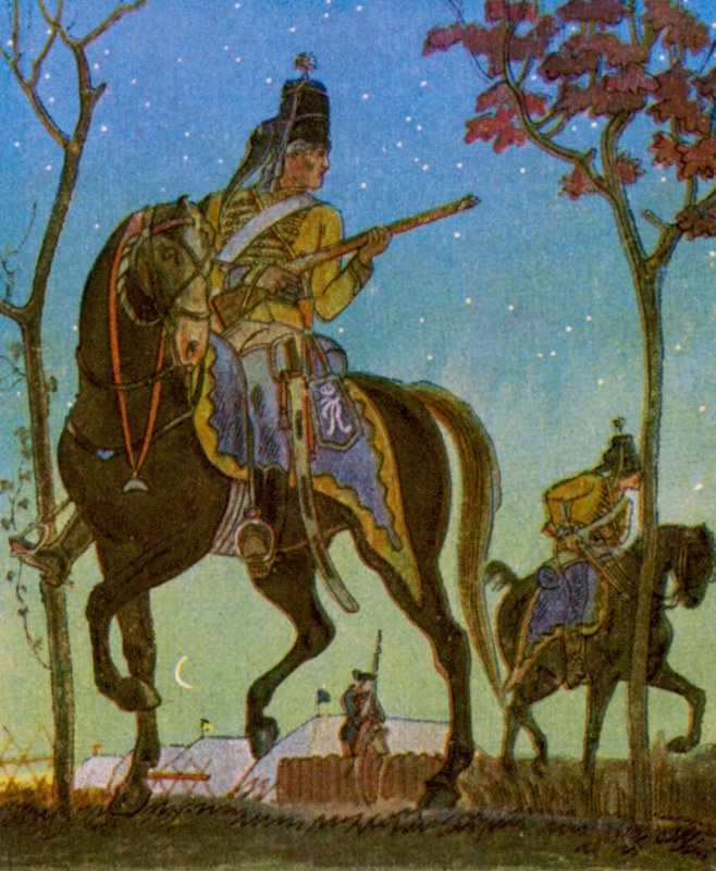 Husarenvorposten / Huszár előőrs (színes litográfia) alkotó: Christophe (1856 1945)