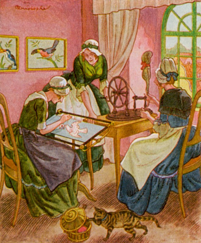 Stickerin Und Spinnerin / Hímző és fonó (színes litográfia) alkotó: Christophe (1856 1945)