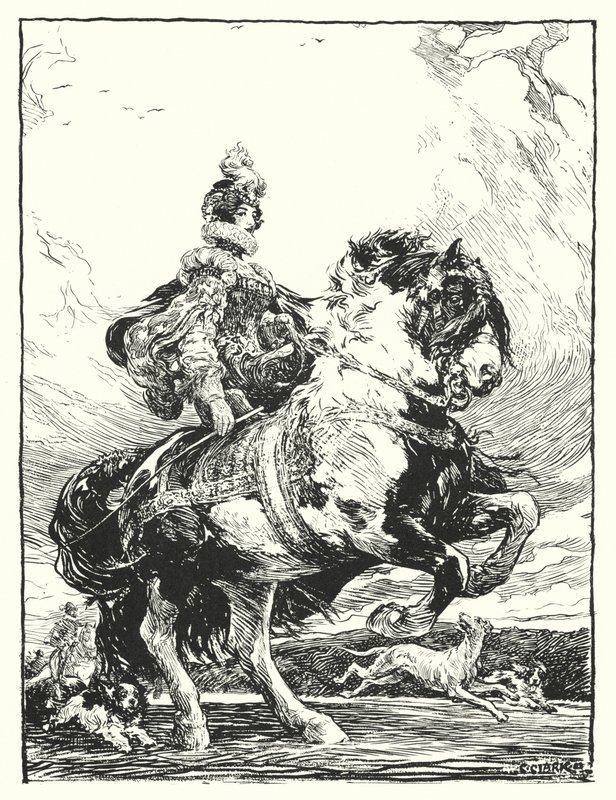 Tudor jelmezben vadászó nő lóháton (litho) alkotó: Christopher (after) Clark