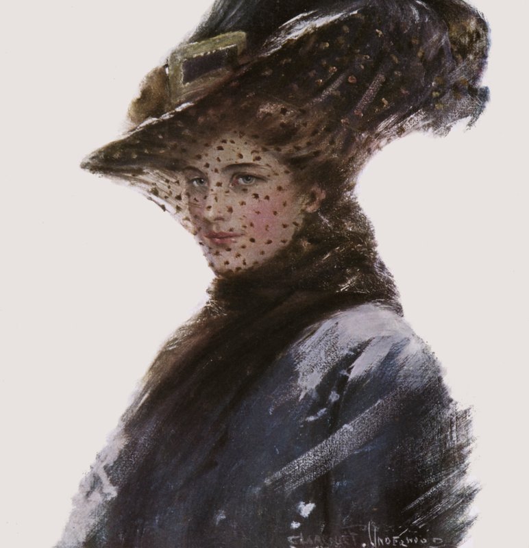 Kalapot és fátylat viselő nő portréja alkotó: Clarence F. Underwood