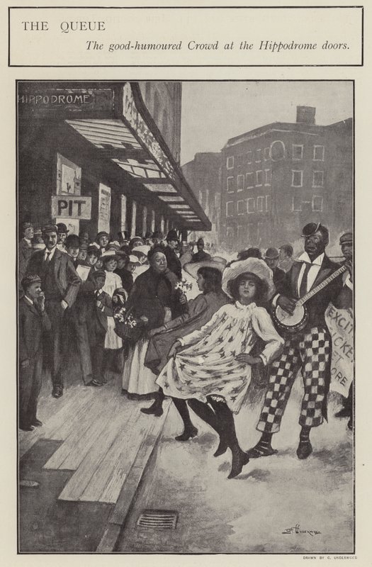 Jópofa sor a londoni hippodrome (litho) ajtaja előtt alkotó: Clarence F. Underwood