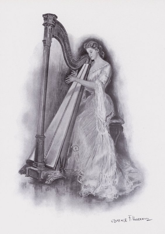 Hárfán játszó nő (színes litó) alkotó: Clarence F. Underwood