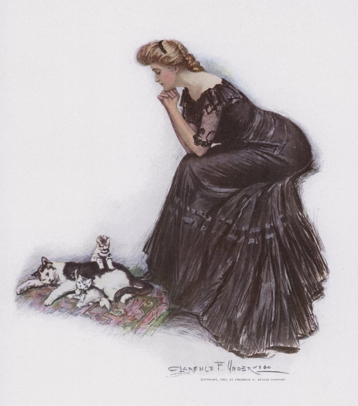 Nő néz egy macskát és a cicáit alkotó: Clarence F. Underwood