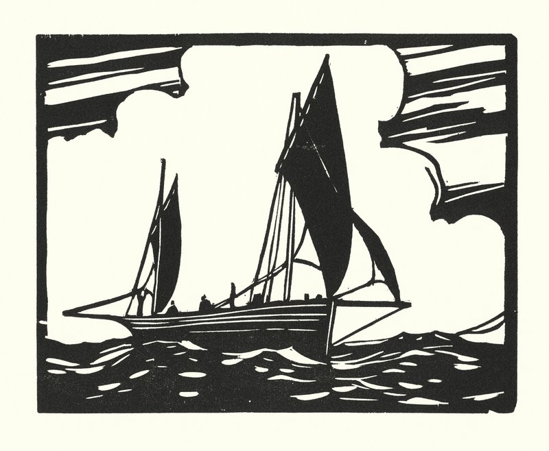 Halászhajók és uszályok: Brighton Clinker-Built Lugger (fametszet) alkotó: Cyril A. Wilkinson