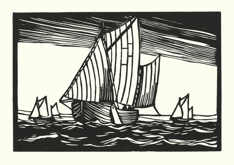 Halászhajók és uszályok: Brighton Hoggies (fametszet) alkotó: Cyril A. Wilkinson