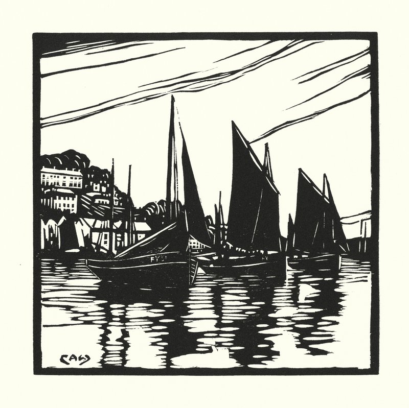Halászhajók és uszályok: Looe (fametszet) alkotó: Cyril A. Wilkinson