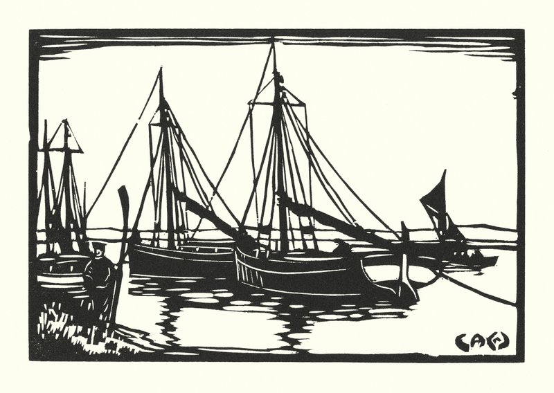 Halászhajók és uszályok: Leigh Bawleys (fametszet) alkotó: Cyril A. Wilkinson